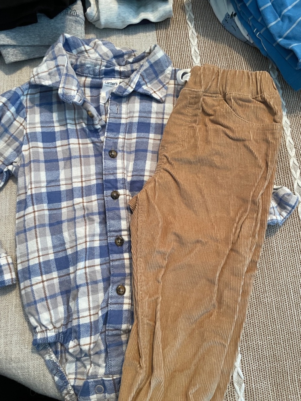 Carter's Blue and Cream Plaid Button-Up Bodysuit with Brown Accents
